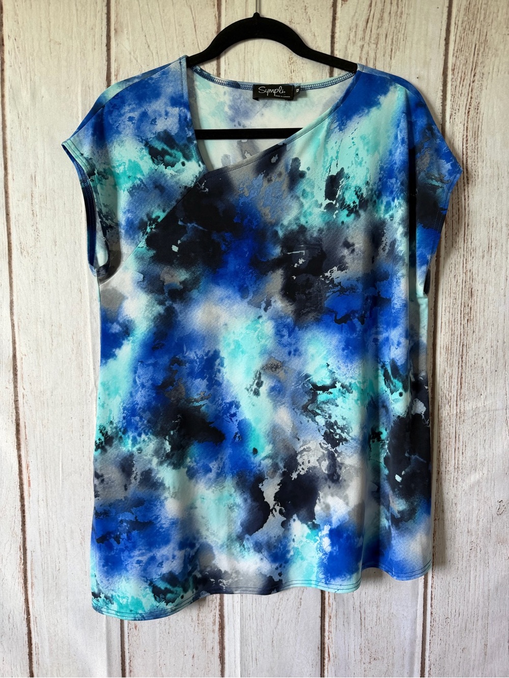 Sympli Blue Abstract Pattern Asymmetric Short Sleeve Tunic Top